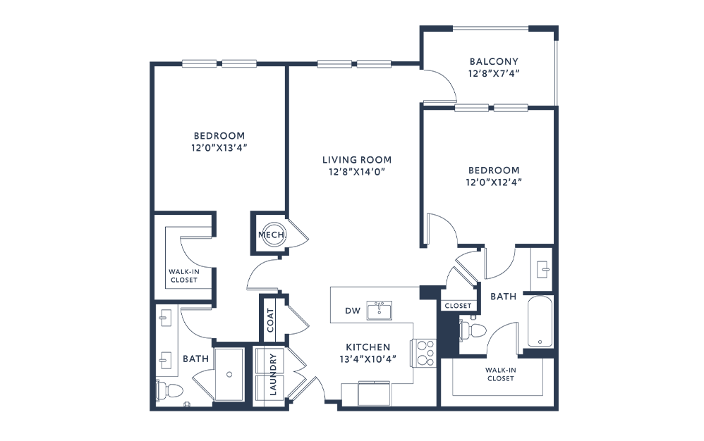 B2 - 2 bedroom floorplan layout with 2 bathrooms and 1142 square feet (2D)