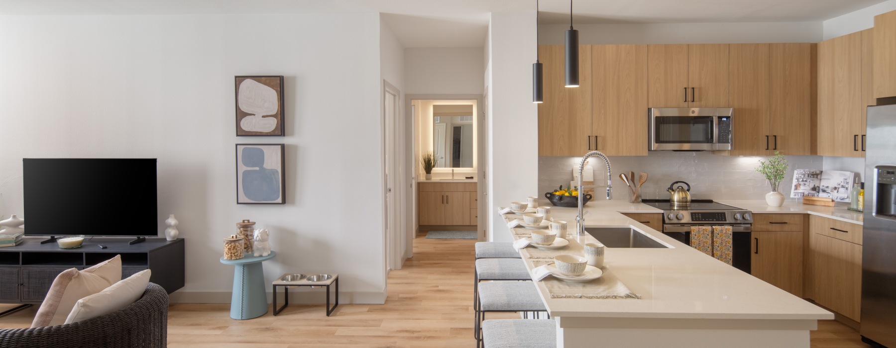 Living Room and kitchen with bathroom in the back 