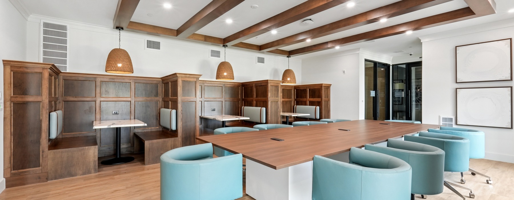 a large room with a tables and chairs