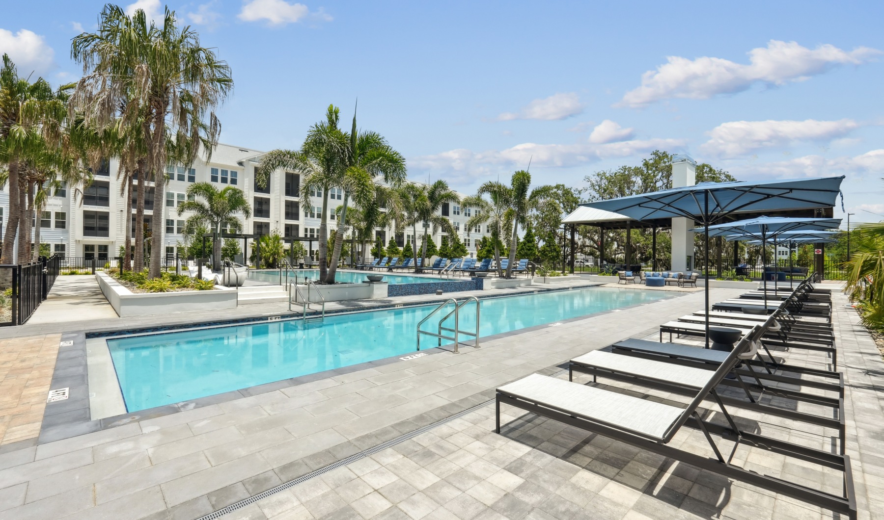 a pool in front of a building